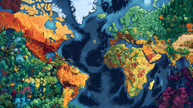 Vibrant global forest biomes map showcasing tropical rainforests, temperate forests, boreal forests, featuring color-coded biomes, species icons, and conservation insights. Boreal. Illustration