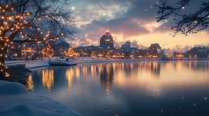 Fototapeta premium Cityscapes and reflections on the water at dusk during the Christmas and New Year festivals.