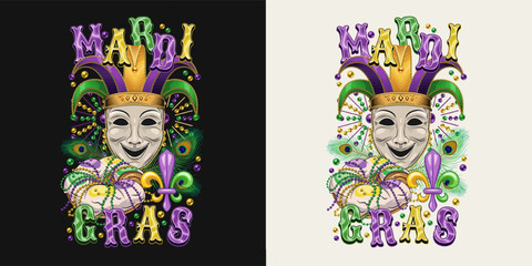 Emblem with theatrical comedy face mask in jester harlequin hat., traditional festival Mardi Gras food king cake, text. Peacock feathers, bead behind. T shirt graphics © OA_Creation