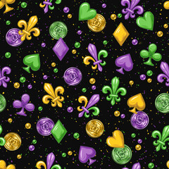 Mardi Gras themed seamless pattern with falling shiny coins, Fleur de Lis sign, playing card suits symbols, scattered beads, confetti, trinkets on dark textured background. Vintage style.