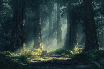 Mystical sunlit path through a dense redwood forest, creating an enchanting and serene atmosphere.