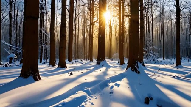 Snow forest sunrise beautiful nature scene 