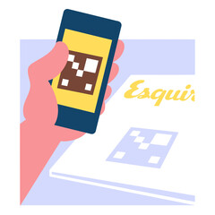 Obraz premium Scan to Unlock: A hand holding a smartphone scans a QR code printed on a magazine, accessing exclusive content and digital experiences. Generative Al 