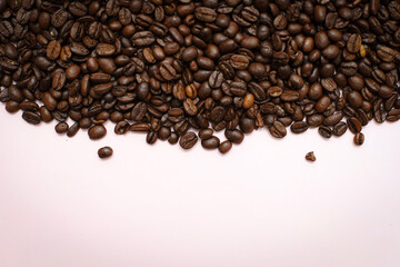 coffee cup with coffee beans on pastel background. flat lay, top view