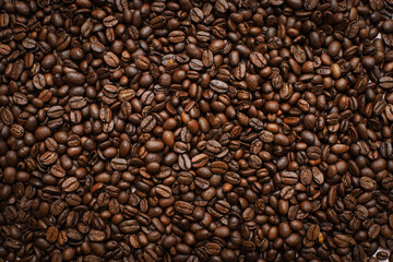 coffee cup with coffee beans on pastel background. flat lay, top view