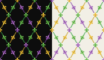 Mardi gras geometric pattern. Diagonal rhombus grid made with colorful Fleur de lis symbol. Vintage style illustration © OA_Creation