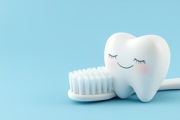 Cute tooth character resting beside a soft toothbrush with a light blue background