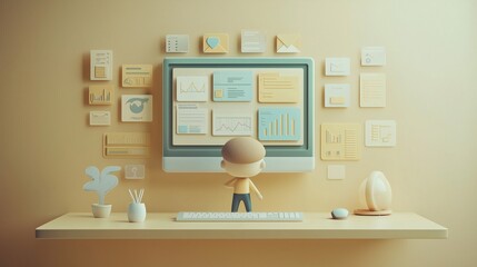Creative Workspace with Cartoon Character and Computer Monitor