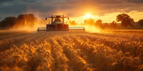 Tractor Harvesting Wheat Field at Sunset