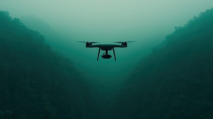 Drone Flying Over Misty Valley Surrounded by Mountains and Dense Fog in Nature