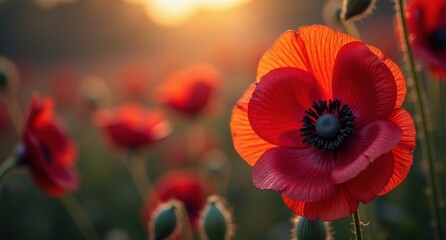  Poppy Flower (Remembrance Day) – A striking red poppy flower with a cream and burgundy background, glowing golden fireflies, and festive lighting, symbolizing remembrance, HD photo.