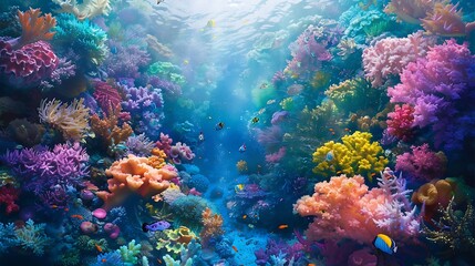 A vibrant coral reef teeming with colorful marine life.