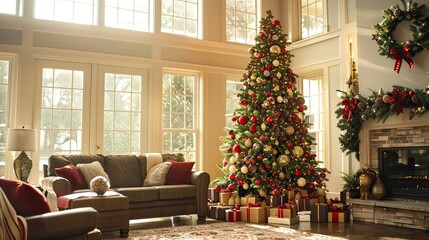 Fototapeta premium A White family decorating a Christmas tree in their living room.