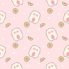 Pig cartoon so cute. On watermelon heart pink background. Pattern seamless vector illustration. 