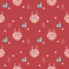 Obraz premium Face deer cartoon so cute. On tree mountain snow red background. Pattern seamless vector illustration. 