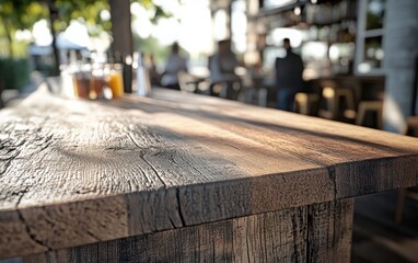 A detailed, hyper-realistic photo of a wooden bar counter, sharply focused against a blurred outdoor bar setting with people and natural lighting in the background. 