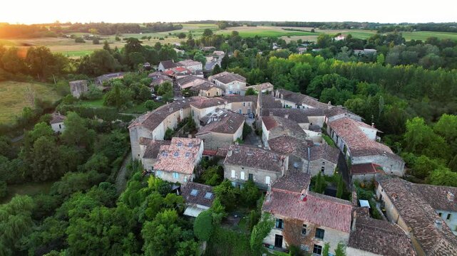 Colorful landscape view of the village of Castelmoron d'Albret in the Bordeaux region. Aerial view of the smallest village in France.