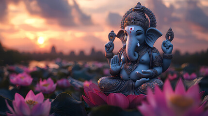 Lord Ganesha at Sunset: Serene statue of Ganesha, Hindu god of wisdom and prosperity, sits amidst a field of pink lotuses during a breathtaking sunset.  A symbol of peace, beginnings.