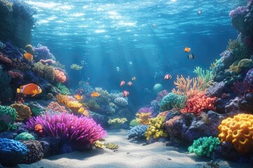Obraz premium Vibrant underwater scene showcasing a diverse coral reef teeming with colorful fish.