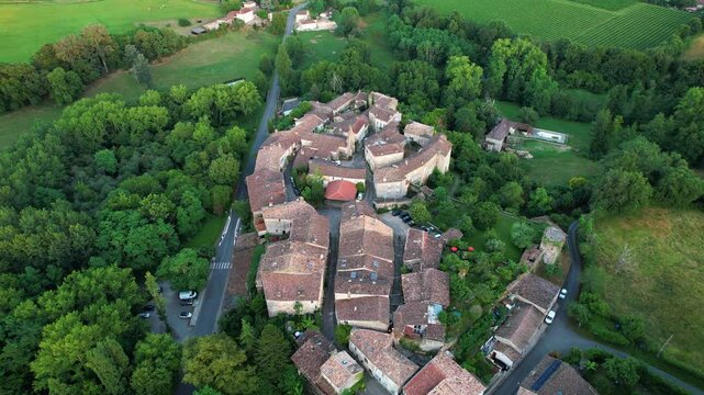 Colorful landscape view of the village of Castelmoron d'Albret in the Bordeaux region. Aerial view of the smallest village in France.