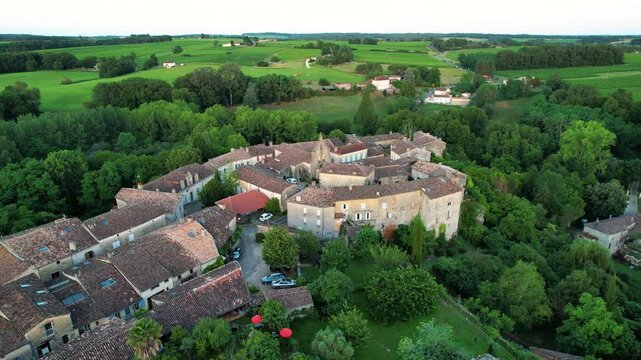 Colorful landscape view of the village of Castelmoron d'Albret in the Bordeaux region. Aerial view of the smallest village in France.