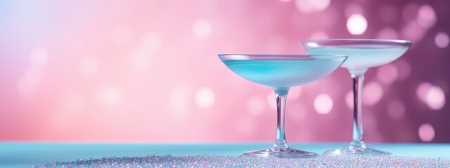 Elegant blue cocktail in coupe glass on pink background with bokeh lights. Stylish drink for summer party, wedding reception, or Valentine's Day celebration. Festive beverage with copy space.