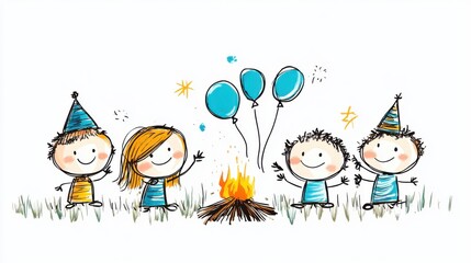 Fototapeta premium Children Celebrating at a Campfire with Balloons and Party Hats in a Cheerful Outdoor Scene