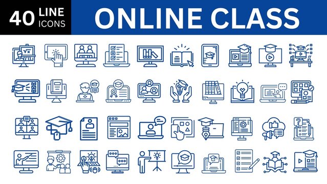 Online Class set of web icons in line style. Containing video tuition, e-learning, online course, audio course, educational website and digital education icons. Solid icon c