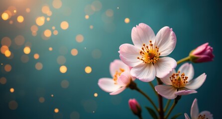 Primroses (Spring) – Delicate pastel flowers blooming, gently illuminated by soft party lights, with a navy and white background filled with golden fireflies