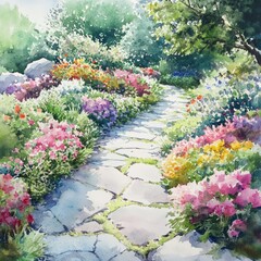 Fototapeta premium Stone path winds through vibrant blooming garden.