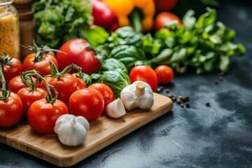 Fresh tomatoes and garlic on wooden board with colorful vegetables and herbs