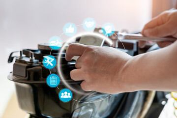 Quality assurance of service after sales concept, Motorcycle service centre staff check and change parts deteriorated, Service warranty, Document online check, Customer Satisfaction, Best Maintenance