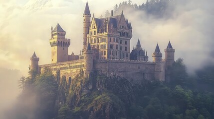 Fototapeta premium Misty mountaintop castle, fairytale setting.