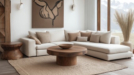 A modern living room featuring a Mocha Mousse-colored sofa, wooden coffee table, and large windows with a mountain view