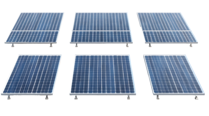 Six solar panels arranged in two rows on a white surface, capturing sunlight to convert into renewable energy. Eco-friendly and sustainable technology.