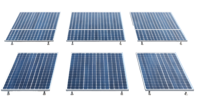 Six solar panels arranged in two rows on a white surface, capturing sunlight to convert into renewable energy. Eco-friendly and sustainable technology.
