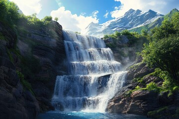 Fototapeta premium Majestic tiered waterfall cascading down rocky cliffs into a pool, set against a backdrop of snow-capped mountains under a bright blue sky.