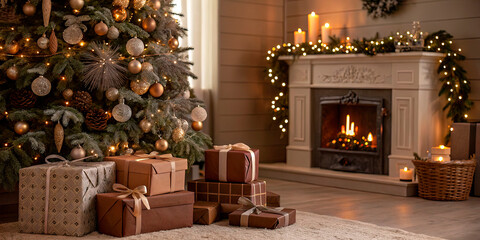 Elegant Christmas interior with a beautifully adorned tree in earthy tones, glowing fireplace, and warm festive lights. Ideal for holiday designs, cozy winter decor, and Christmas promotions.