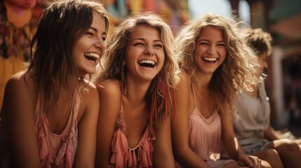 Obraz premium Friends share smiles and laughter while enjoying rides and attractions at a vibrant amusement park.