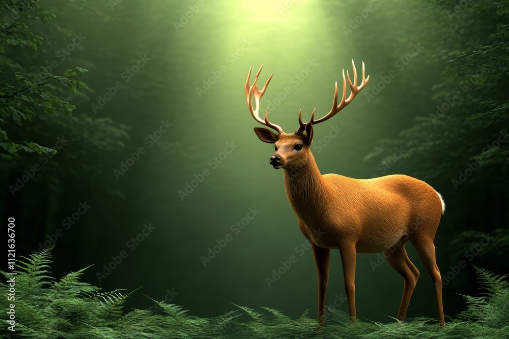 Aufkleber a 3d-rendered deer in a dense forest, with light filtering through the trees and reflecting off its 