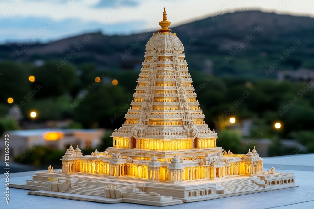 Poster a 3d-rendered model of a grand hindu temple with detailed carvings and glowing lights, set against a