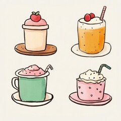 Cute hand-drawn illustrations of creamy beverages with whipped cream, cherries, and strawberries in pastel colors
