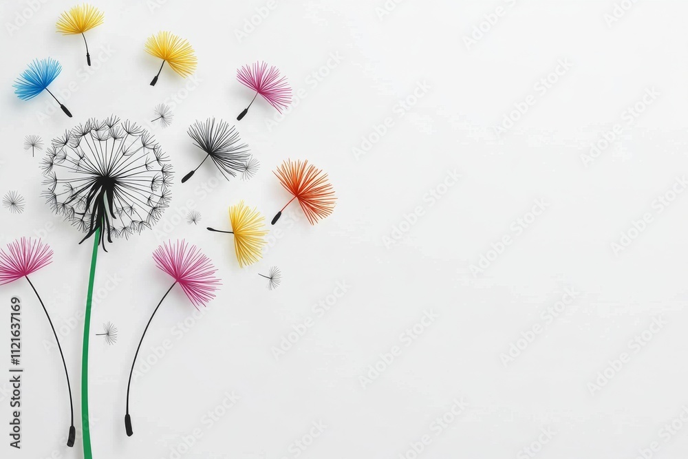 Poster a cheerful 2d illustration of a dandelion puff with seeds floating playfully in the air, drawn with 