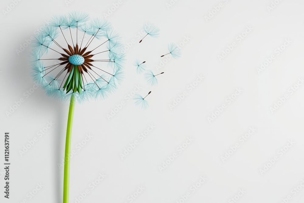 Aufkleber a cheerful 2d illustration of a dandelion puff with seeds floating playfully in the air, drawn with 