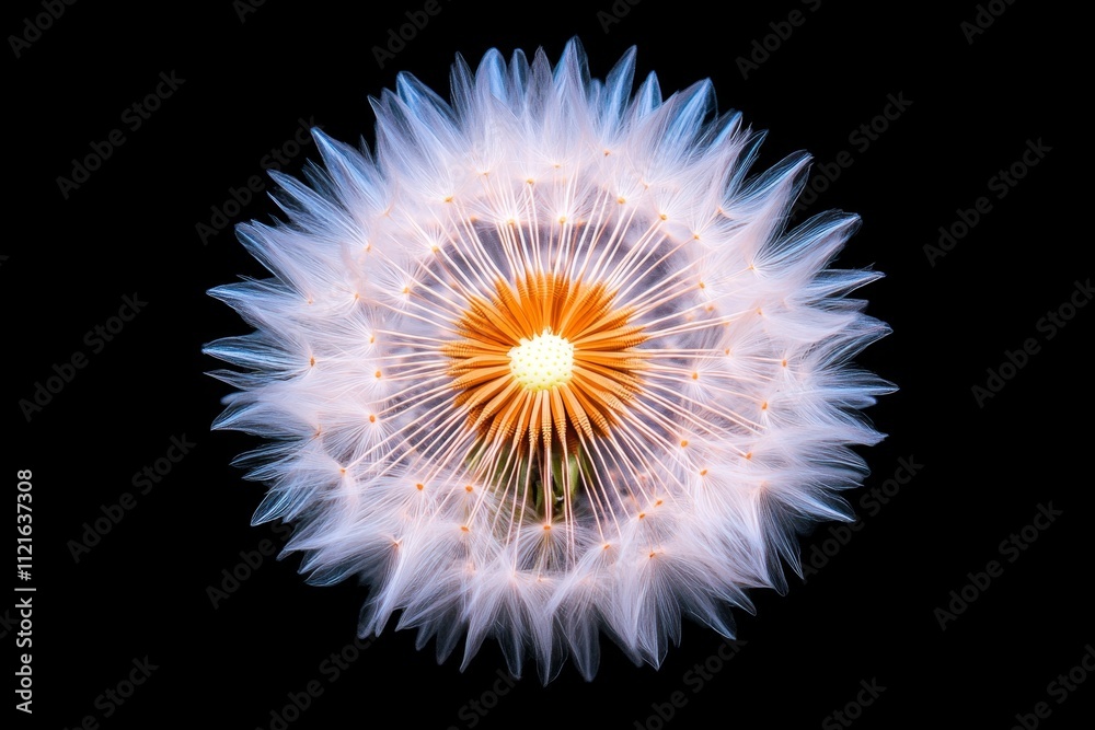 Poster A clean composition showing a dandelion puff dispersing seeds in a perfectly symmetrical design, with soft gradients for depth