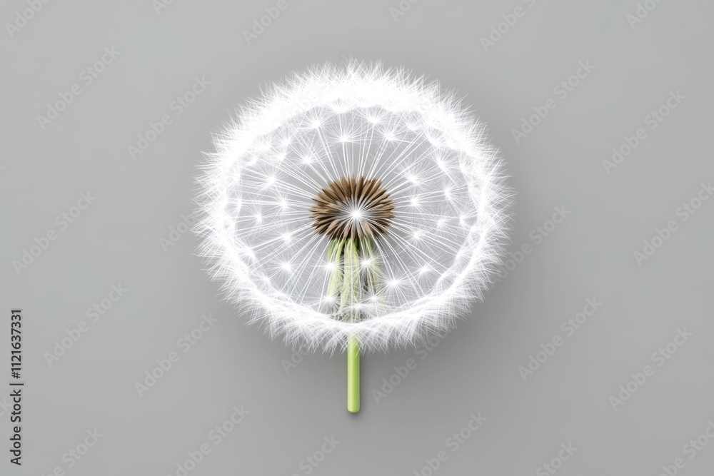 Poster A clean composition showing a dandelion puff dispersing seeds in a perfectly symmetrical design, with soft gradients for depth