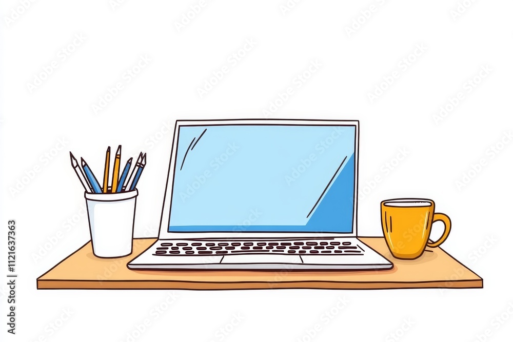 Poster a clean flat vector design of a desktop setup with a tablet, a laptop, and a coffee cup, drawn in ch