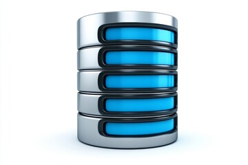 A clean icon of a database stack, with glowing blue lines and soft gradients on a white background