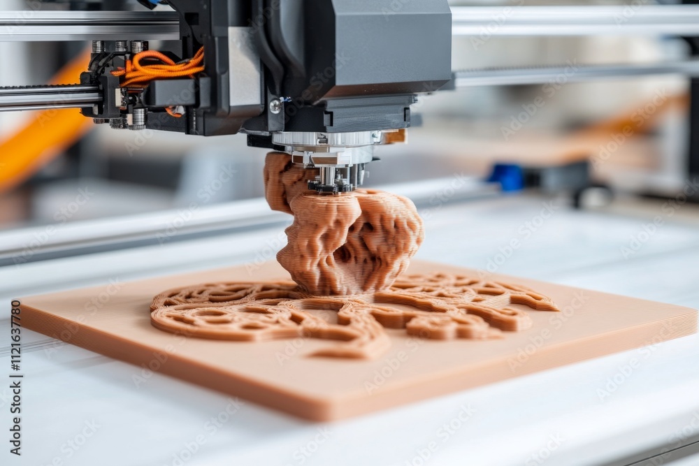 Poster A close-up of a 3D printer creating a detailed prototype design in a clean, futuristic lab setting