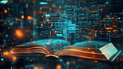 A glowing digital interface an open book with lines and light effect, falling financial graph, An open book with pages turning into digital data and technology and business concept background.